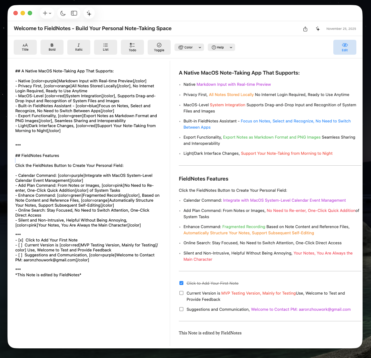 FieldNotes Light Mode Interface